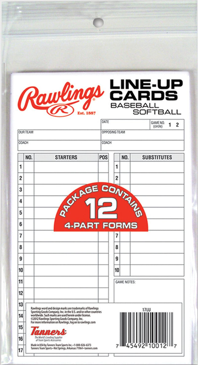 Rawlings baseball/softball line-up card package with 12 forms.