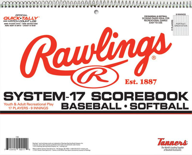 Rawlings System-17 Scorebook for baseball and softball with red and black text on a white background.