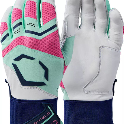 Pair of gloves with pink, green, and blue design on a white background