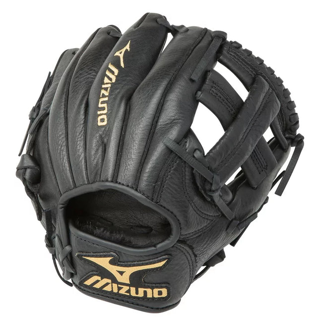 Black baseball glove with gold Mizuno logo on a white background