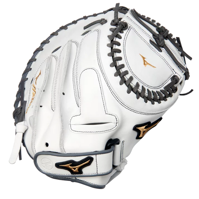 A white Mizuno baseball glove with dark gray laces and trim, featuring gold embroidered Mizuno logos on the backhand and wrist strap.