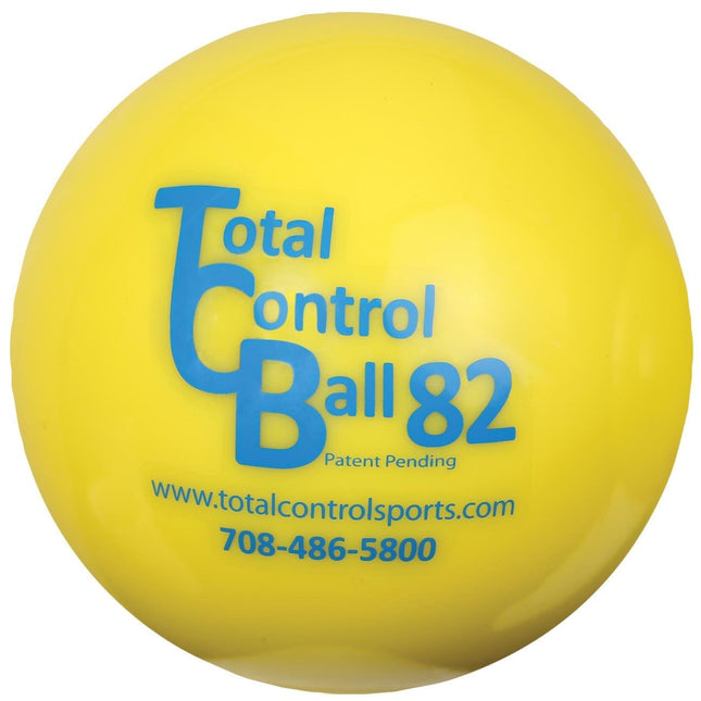 A bright yellow Total Control Ball 82 with blue printed text and website information, isolated on a white background 