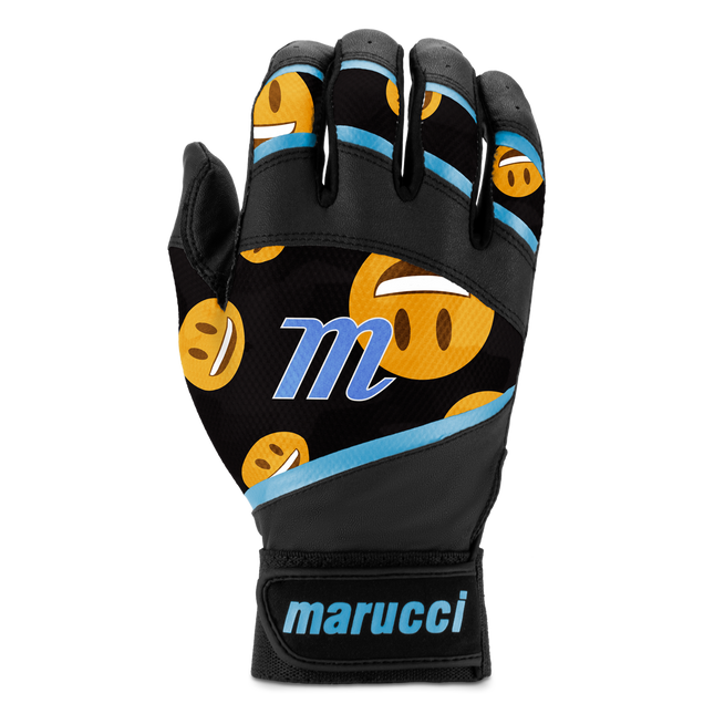 Black glove with smiley face pattern and 'marucci' branding on a white background