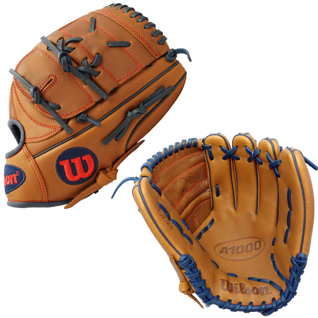two views of a brown baseball glove with navy blue details