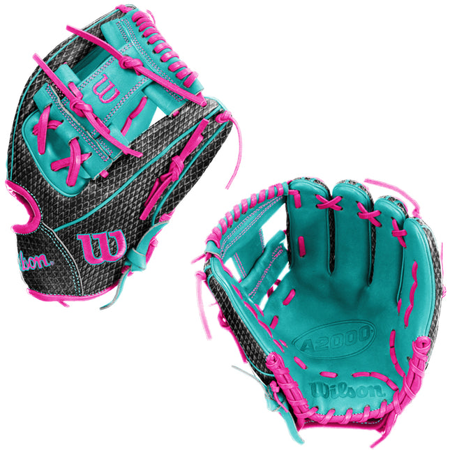 Teal and pink baseball glove with Wilson branding on a white background