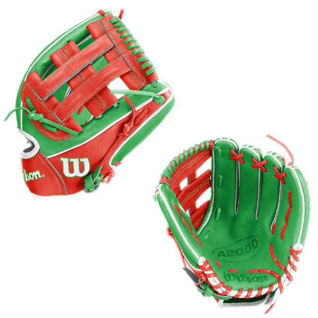 Red and green baseball glove with Wilson logo on a white background