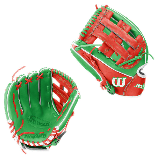 Two baseball gloves, one green and one red, with 'Wilson' branding on a white background.