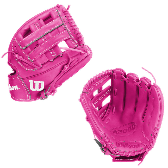 Two pink baseball gloves with Wilson logo on a white background