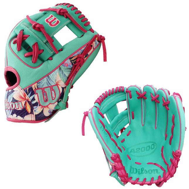 Two turquoise and pink baseball gloves with floral pattern on a white background