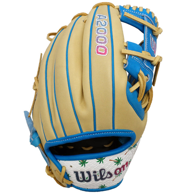 Baseball glove with blue and beige accents on a white background