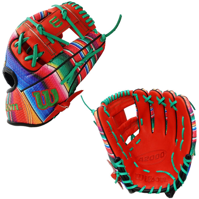 Colorful baseball glove with Wilson branding on a white background