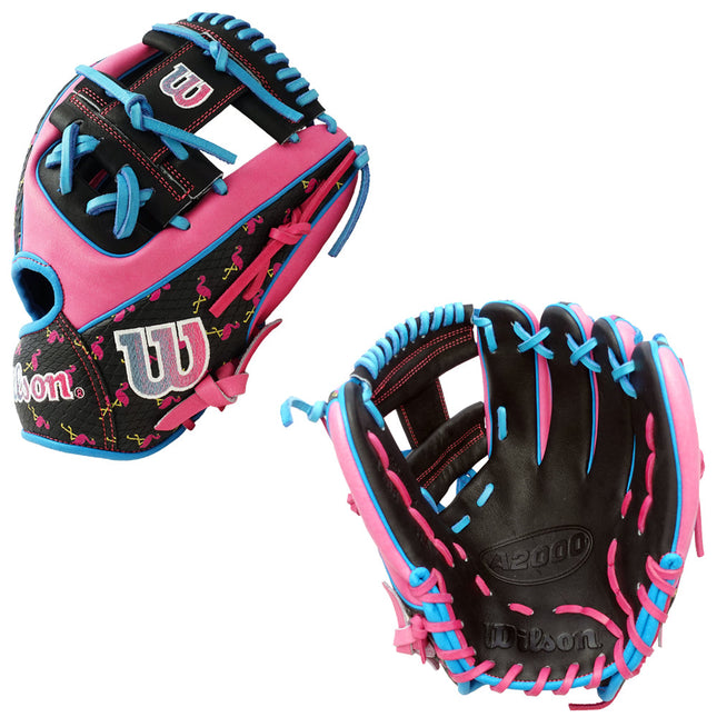 Pink, black, and blue baseball glove with Wilson logo on a white background