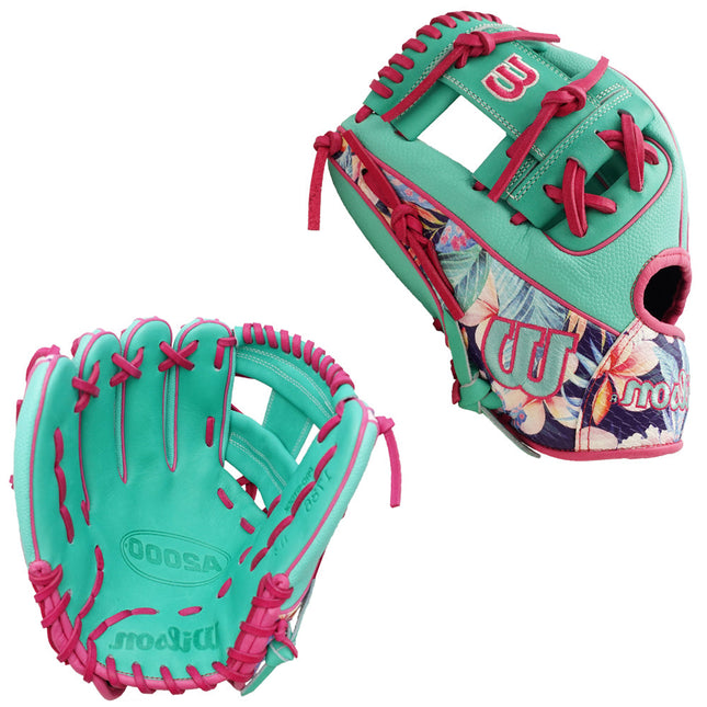Teal and pink baseball glove with floral pattern on a white background