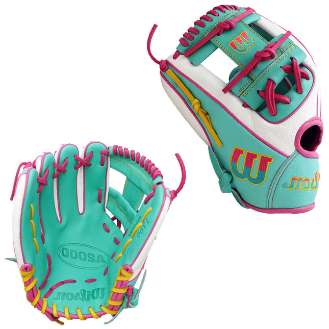 Teal and pink baseball glove with 'a2000' branding on a white background