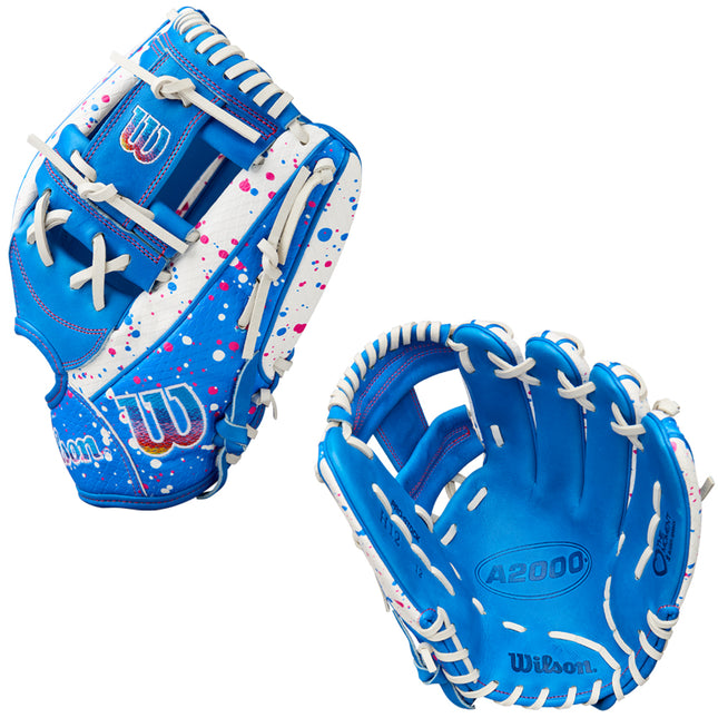 Blue baseball glove with white accents and Wilson branding on a white background