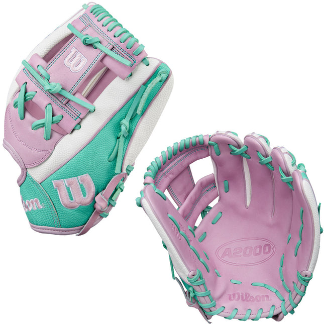 white and lavender glove with mint laces and detail