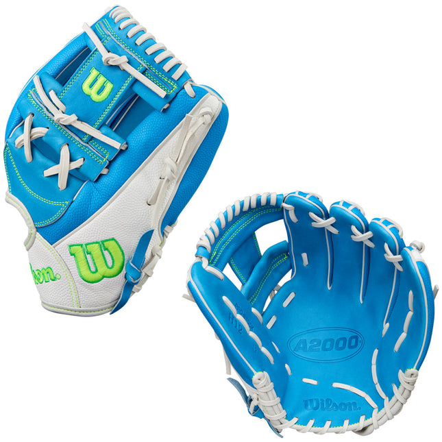 blue and white baseball glove with neon green detail