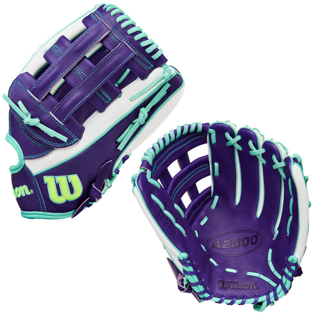 white and purple baseball glove with mint detail