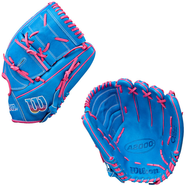 Blue and pink baseball glove with Wilson logo on a white background