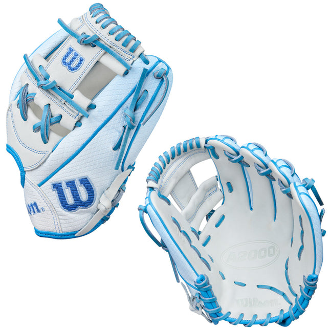White and blue baseball glove with Wilson logo on a white background