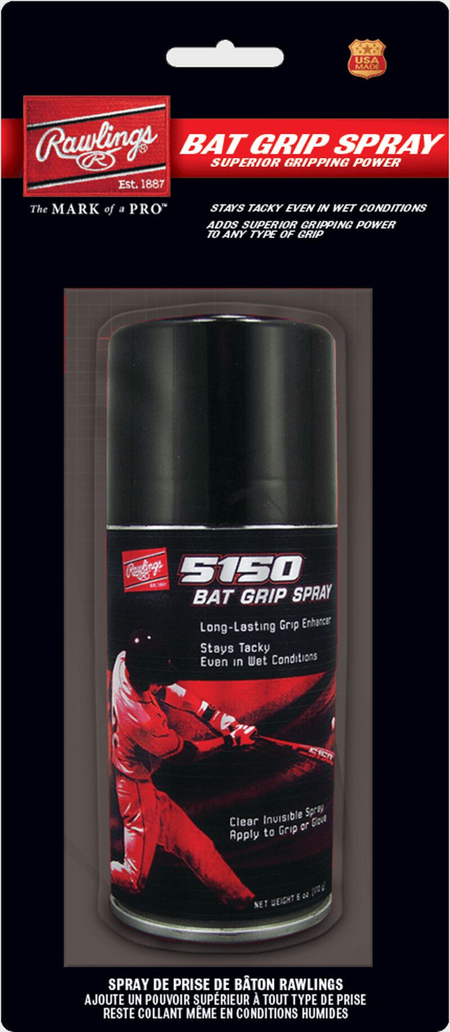 Rawlings 5150 Bat Grip Spray packaging with black spray can and red graphics.