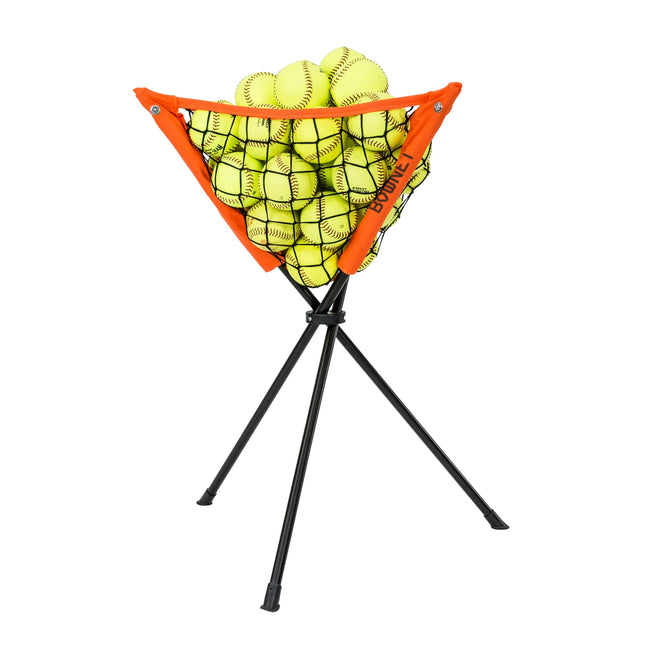An orange and black ball basket stand filled with yellow tennis balls, shown on a plain white background.