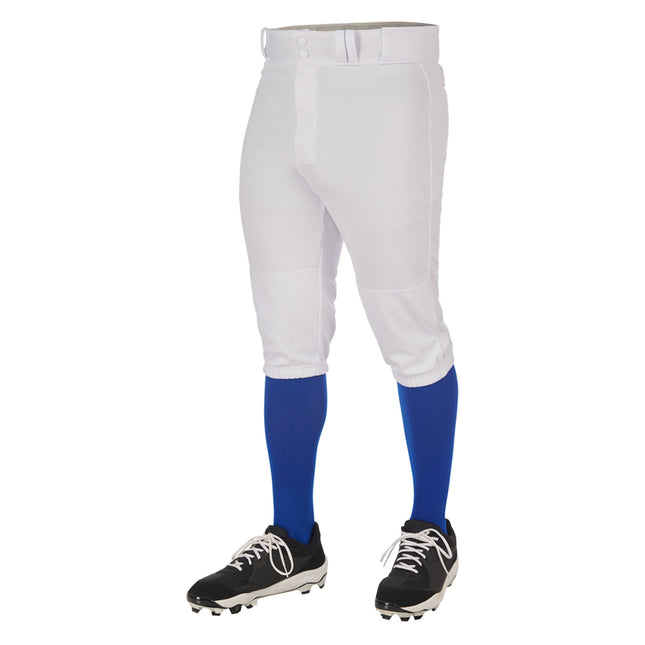 White baseball pants with blue socks and black cleats on a white background