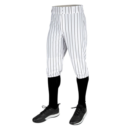 Baseball pants with pinstripes, black socks, and black shoes on a white background