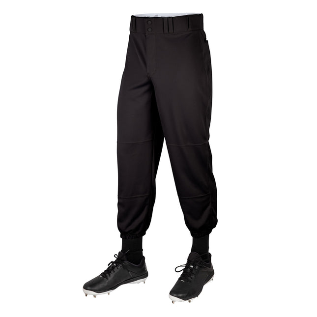 Black baseball pants with a white background
