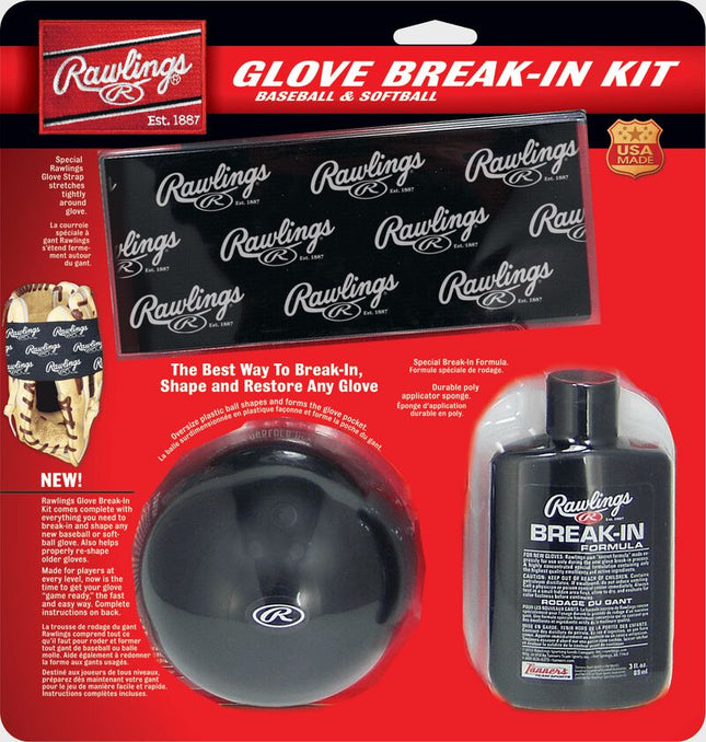 Rawlings glove break-in kit packaging with black glove and bottle on red background
