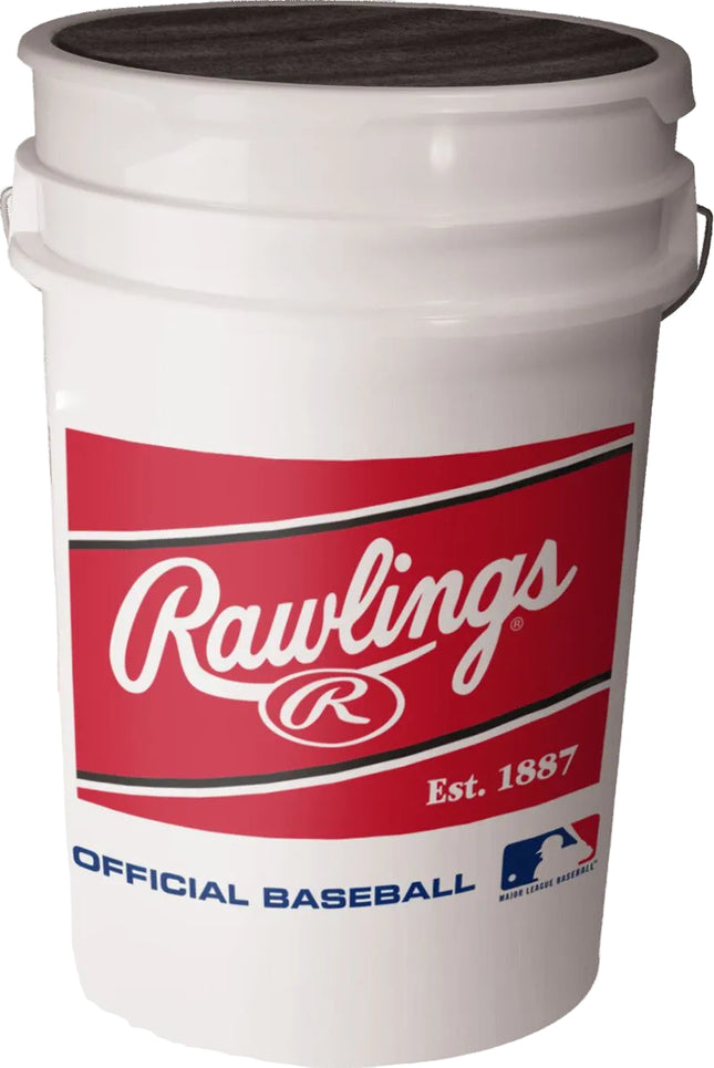 White bucket with Rawlings logo and baseball text on a white background