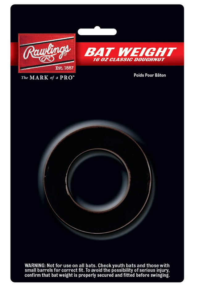 Rawlings 10 oz Classic Doughnut Bat Weight packaging on a black background
