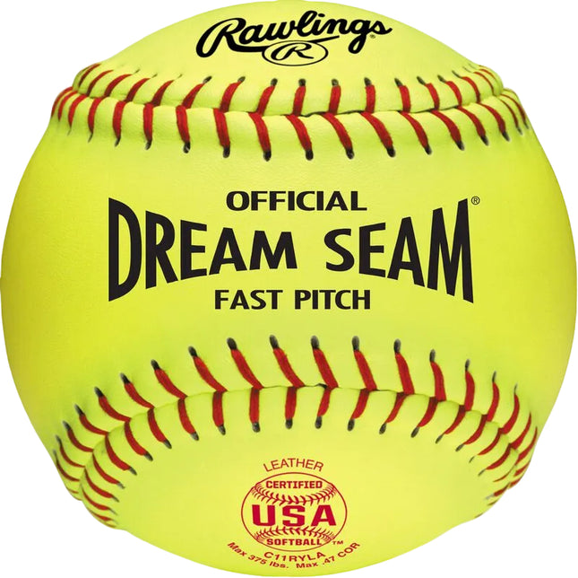 Yellow softball with red stitching and Rawlings branding on a white background