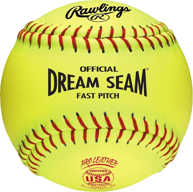 Yellow softball with red stitching and Rawlings branding on a white background