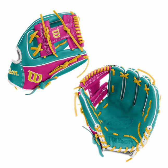 teal blue and hot pink baseball glove with yellow lacing