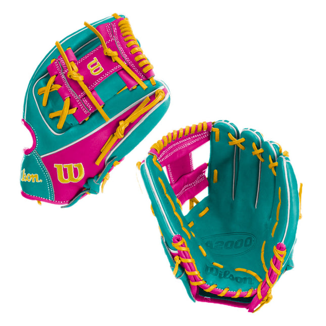 teal and hot pink glove with yellow laces