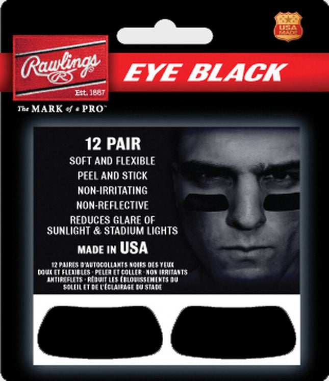 Rawlings eye black packaging with a man wearing eye black on a black background