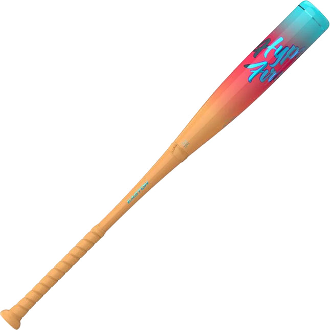 A baseball bat with a warm gradient transitioning from beige to orange and pink, ending in a bright cyan-blue tip. The barrel features stylized blue and pink 'Fly It' branding, and the handle is wrapped in a matching beige grip, all set against a solid light gray background.