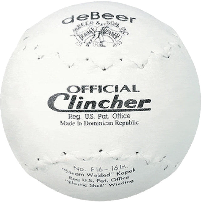 A white leather baseball-style ball with black printed text reading 'deBeer' and 'Official Clincher', plus smaller text noting it is registered with the U.S.