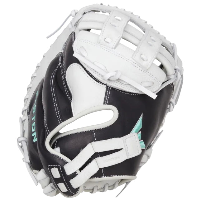 Baseball glove with black, white, and teal color scheme on a white background
