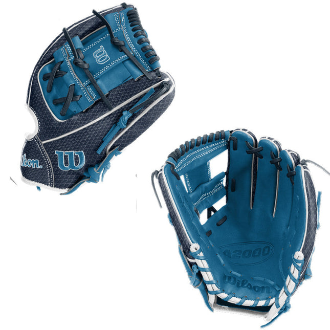 two views of a blue and navy blue baseball glove
