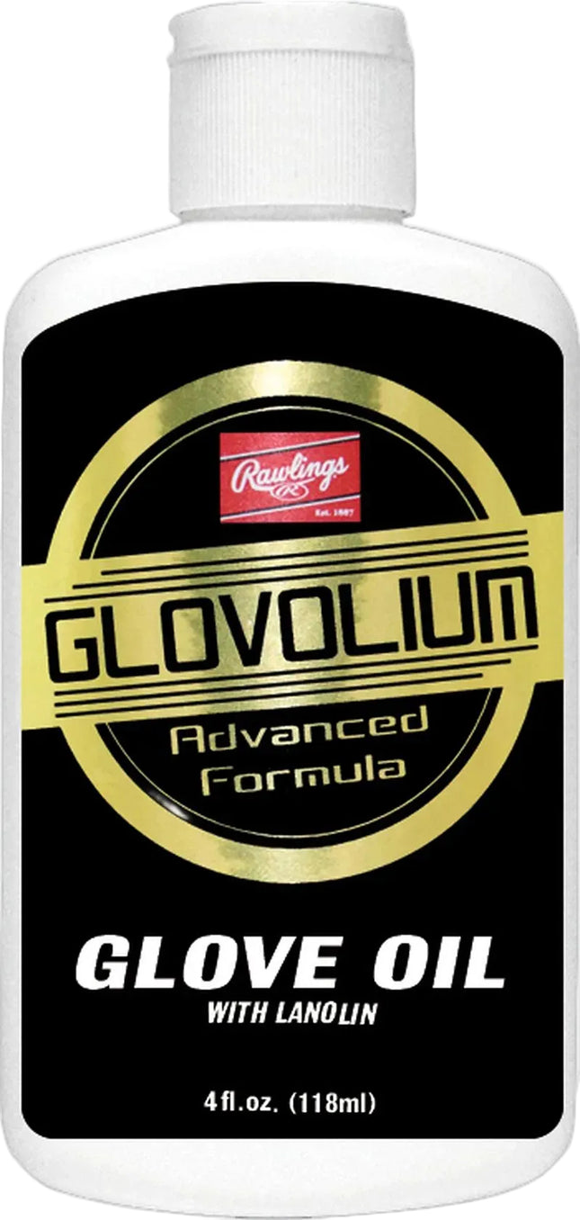 A white plastic bottle of Rawlings Glovolumium Advanced Formula Glove Oil with Lanolin, featuring a black and gold label.