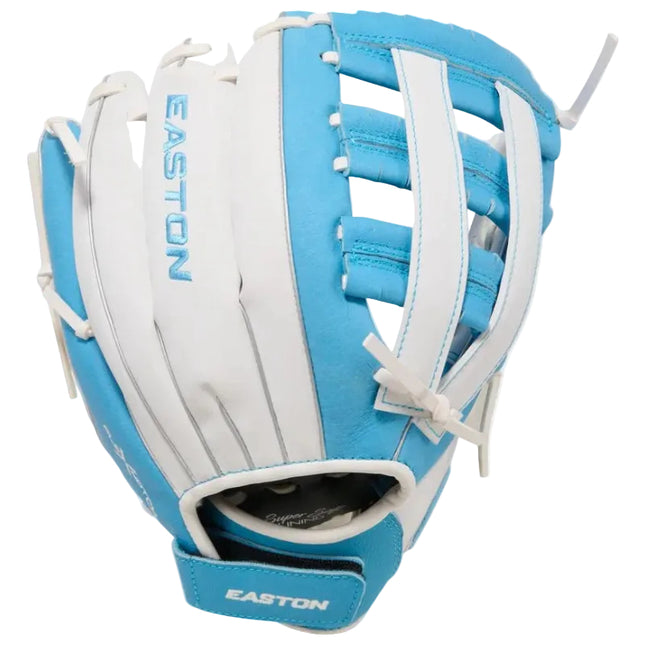An Easton baseball glove in light blue and white, shown from a top-down angle on a light gray background.