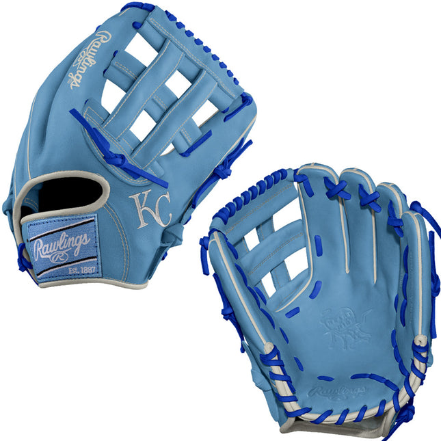 Two blue baseball gloves with white accents on a white background