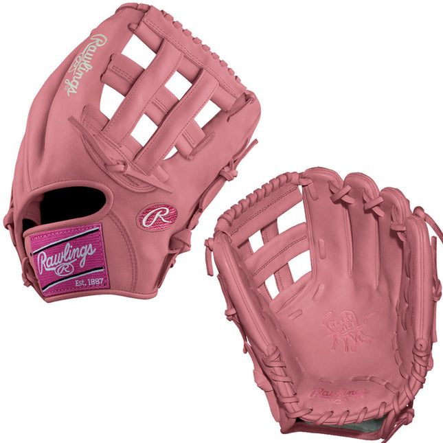two views of a pink rawlings baseball glove
