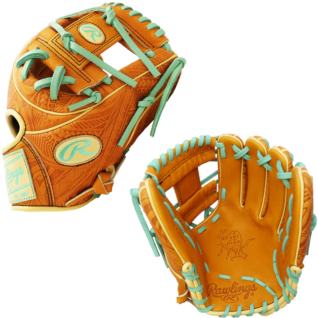 Two brown Rawlings baseball gloves with green stitching on a white background