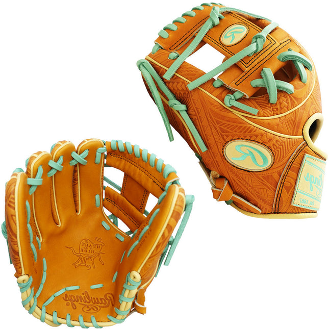 brown baseball glove with tribal detail and mint and pale yellow detail