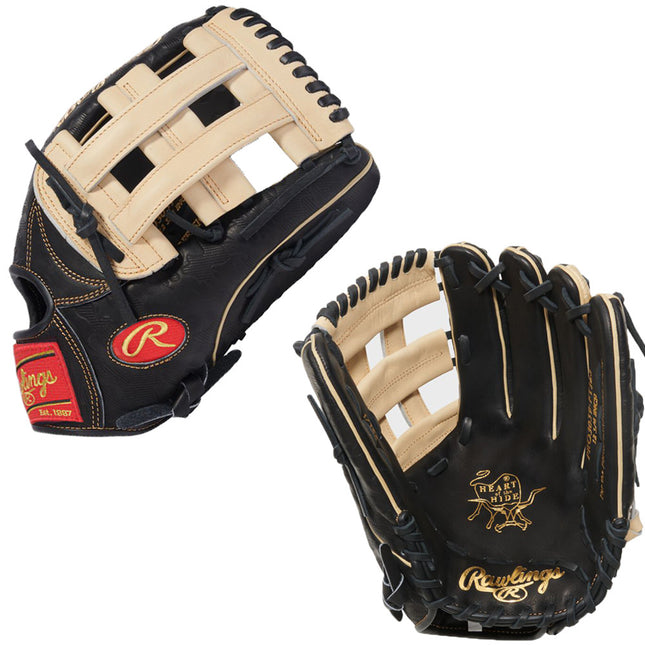 Black and beige baseball glove with Rawlings logo on a white background