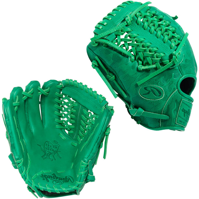 Two green baseball gloves on a white background