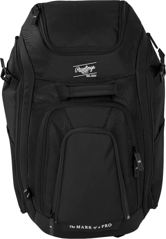 Black backpack with visible branding on a white background